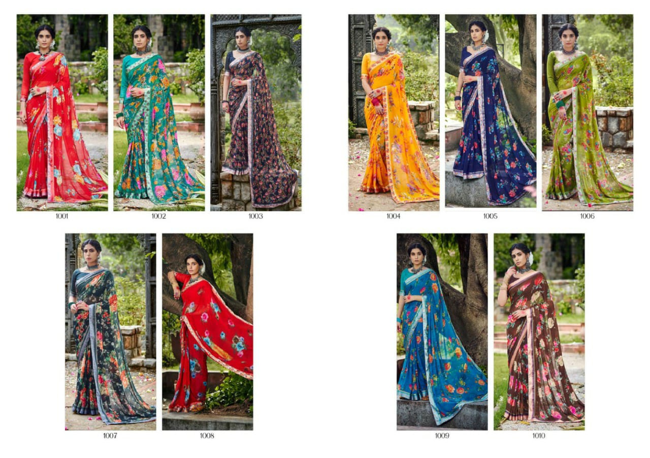 saroj Khushboo silk georgette catchy print saree catalog