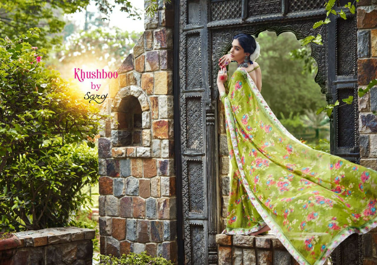 saroj Khushboo silk georgette catchy print saree catalog