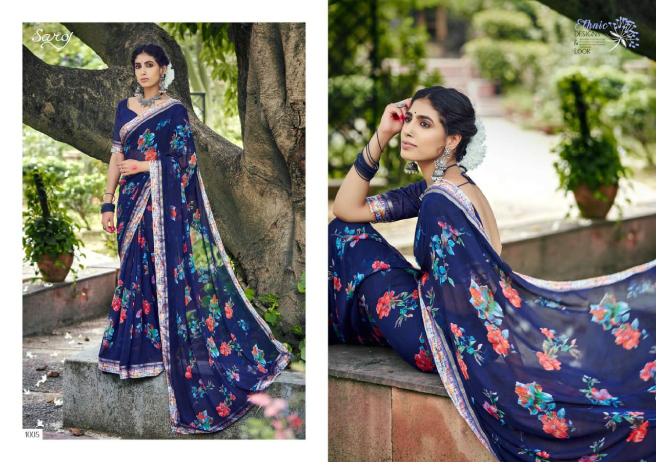 saroj Khushboo silk georgette catchy print saree catalog