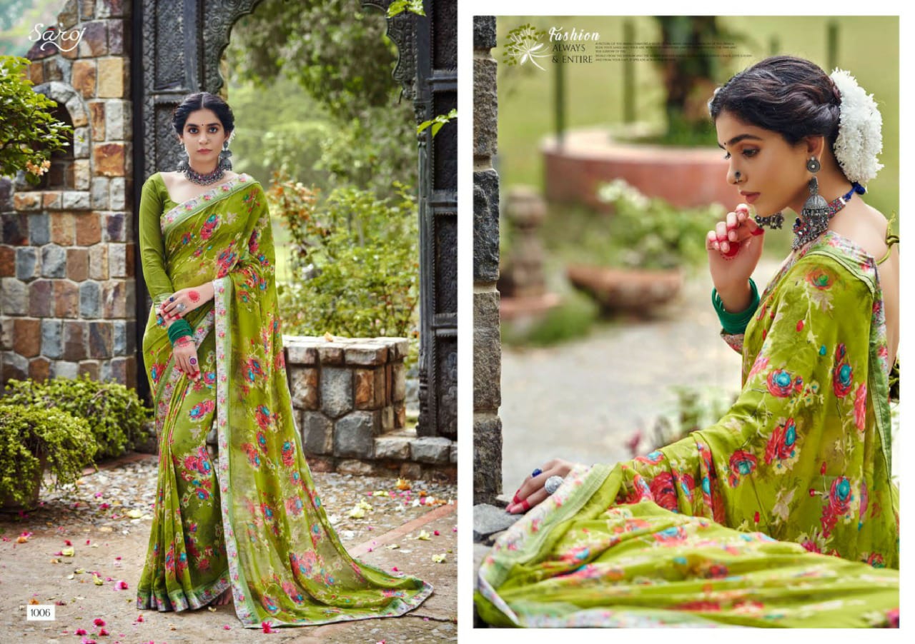 saroj Khushboo silk georgette catchy print saree catalog