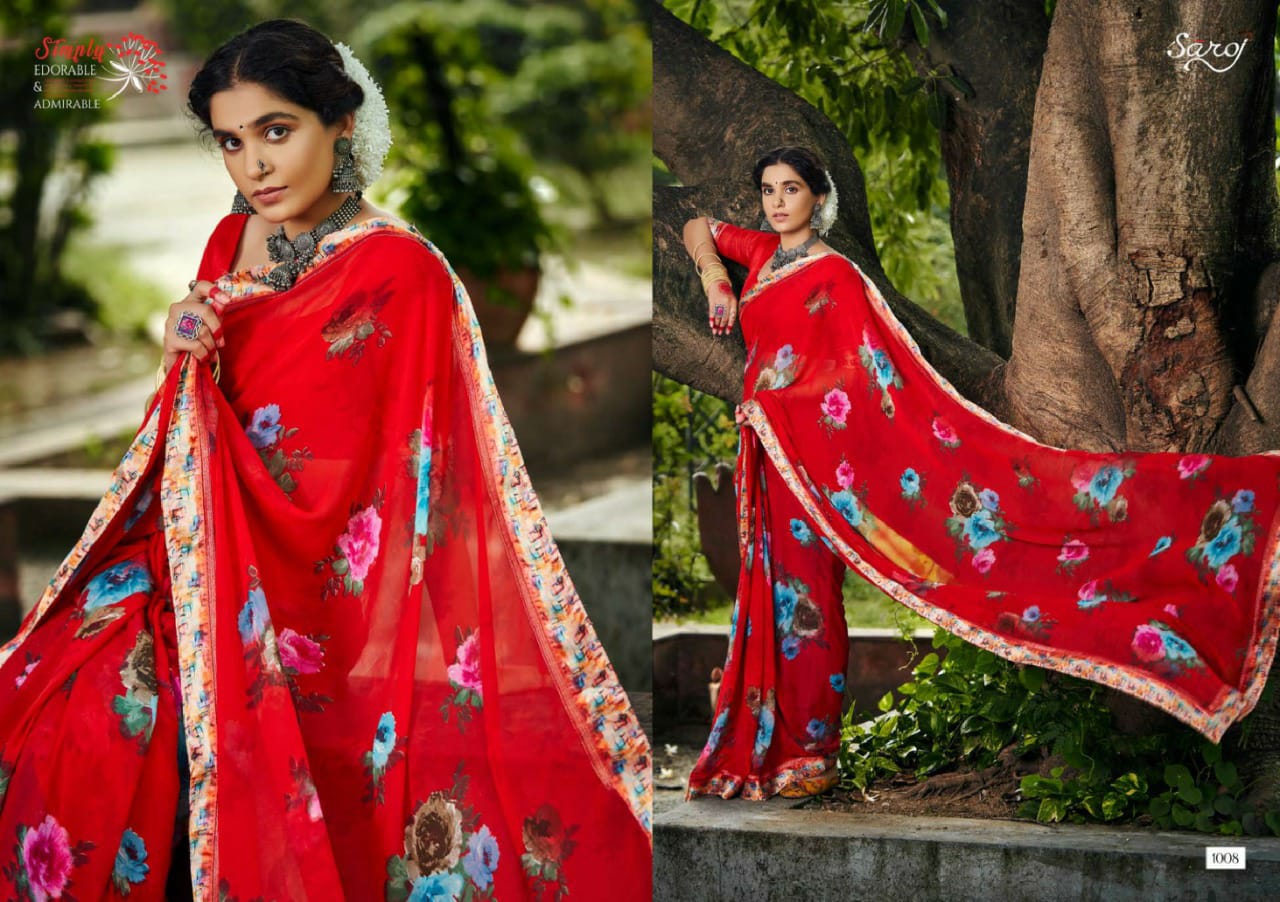 saroj Khushboo silk georgette catchy print saree catalog