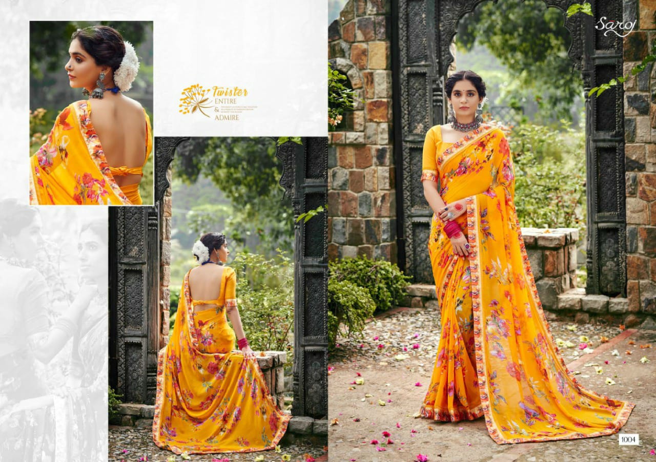 saroj Khushboo silk georgette catchy print saree catalog