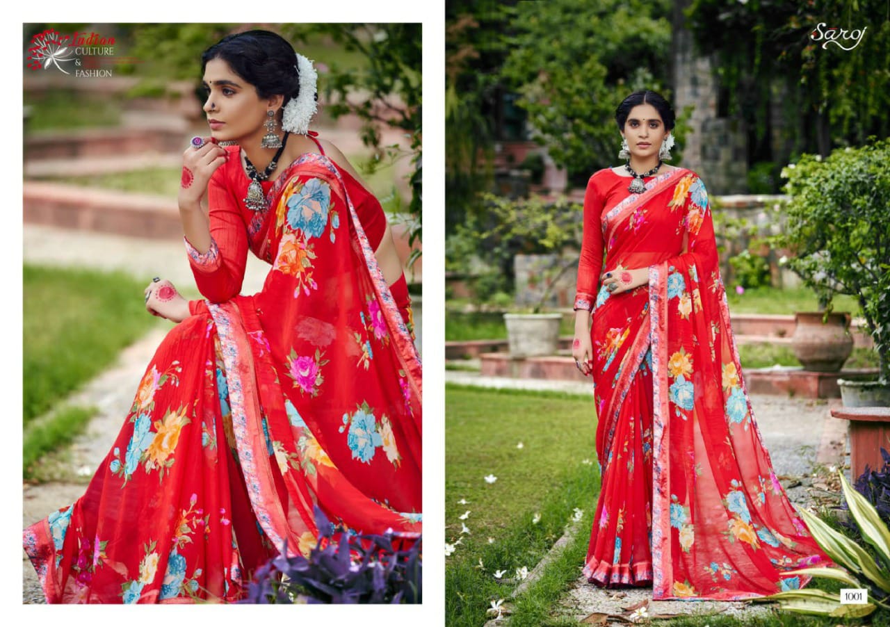 saroj Khushboo silk georgette catchy print saree catalog