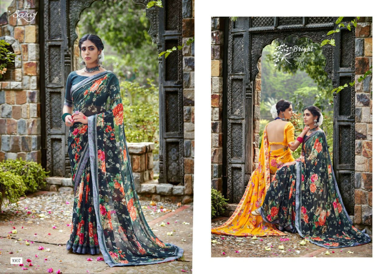 saroj Khushboo silk georgette catchy print saree catalog