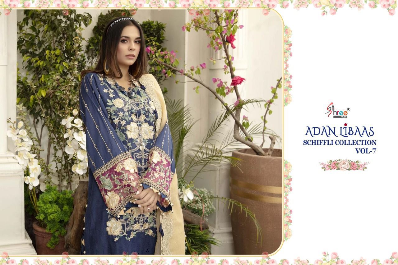 shree fab adan libaas schiffli collection vol 7 pure lawn cotton regal look salwar suit catalog