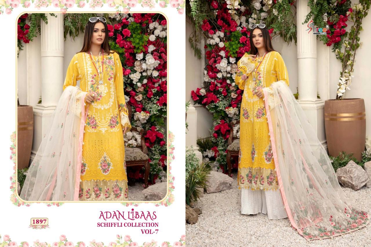 shree fab adan libaas schiffli collection vol 7 pure lawn cotton regal look salwar suit catalog