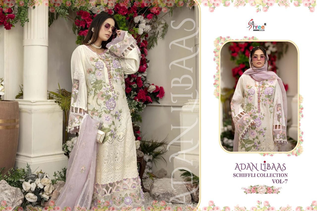 shree fab adan libaas schiffli collection vol 7 pure lawn cotton regal look salwar suit catalog