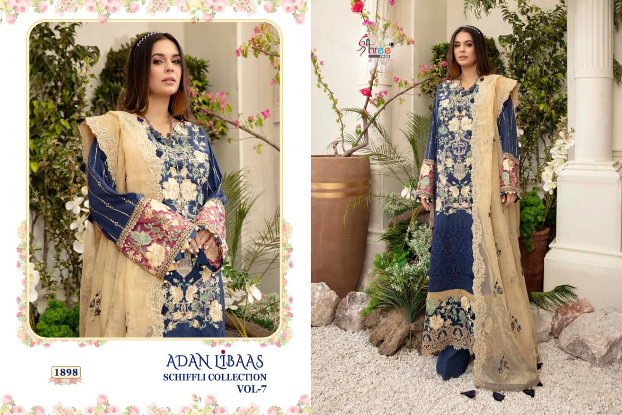 shree fab adan libaas schiffli collection vol 7 pure lawn cotton regal look salwar suit catalog