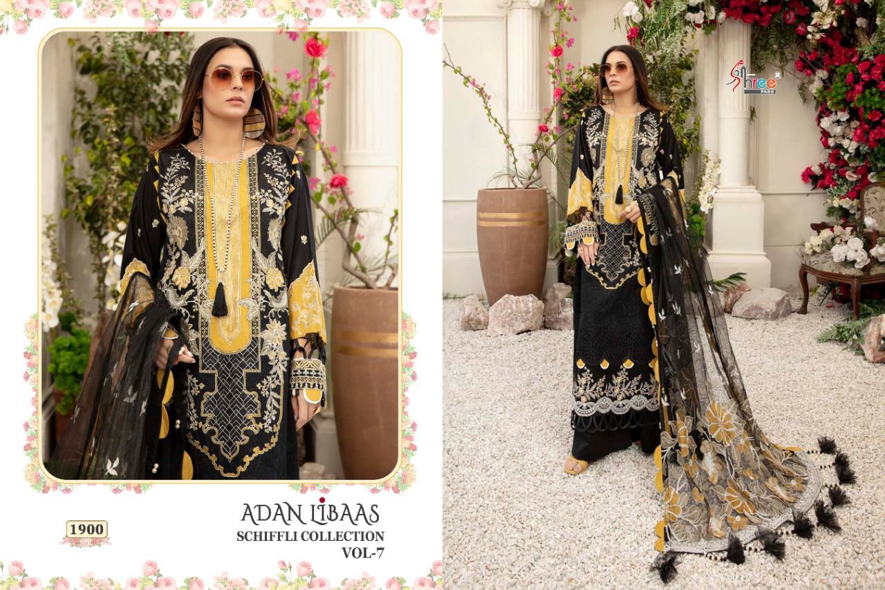 shree fab adan libaas schiffli collection vol 7 pure lawn cotton regal look salwar suit catalog