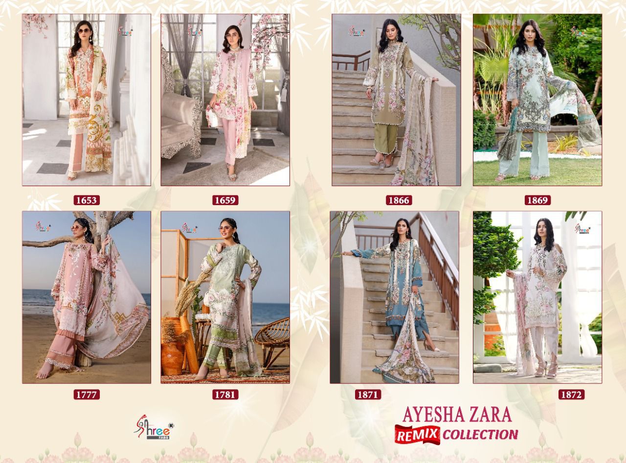 shree fab ayesha zara remix collection cotton catchy look salwar suit with cotton malmal dupatta catalog