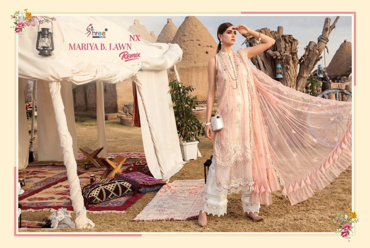 shree fab mariya b lawn remix nx pure lawn cotton authentic fabric with siffon dupatta catalog