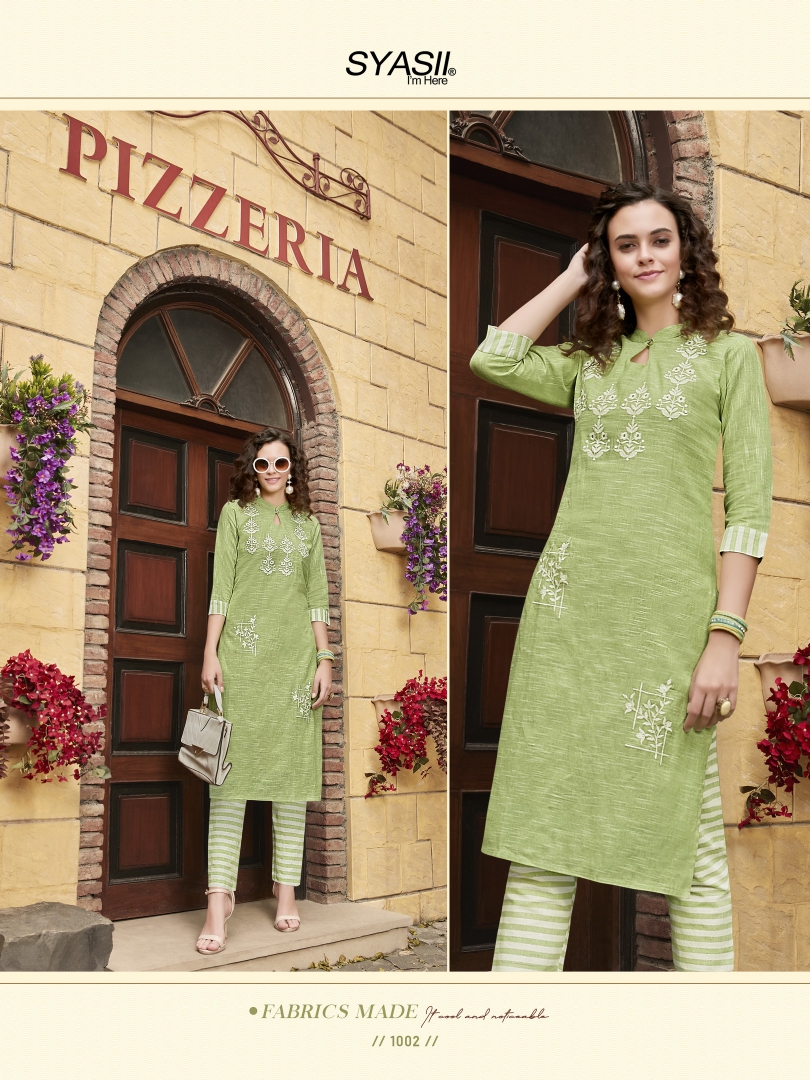 syasii magical thread pure khadi cotton decent embroidary look kurti with bottom catalog