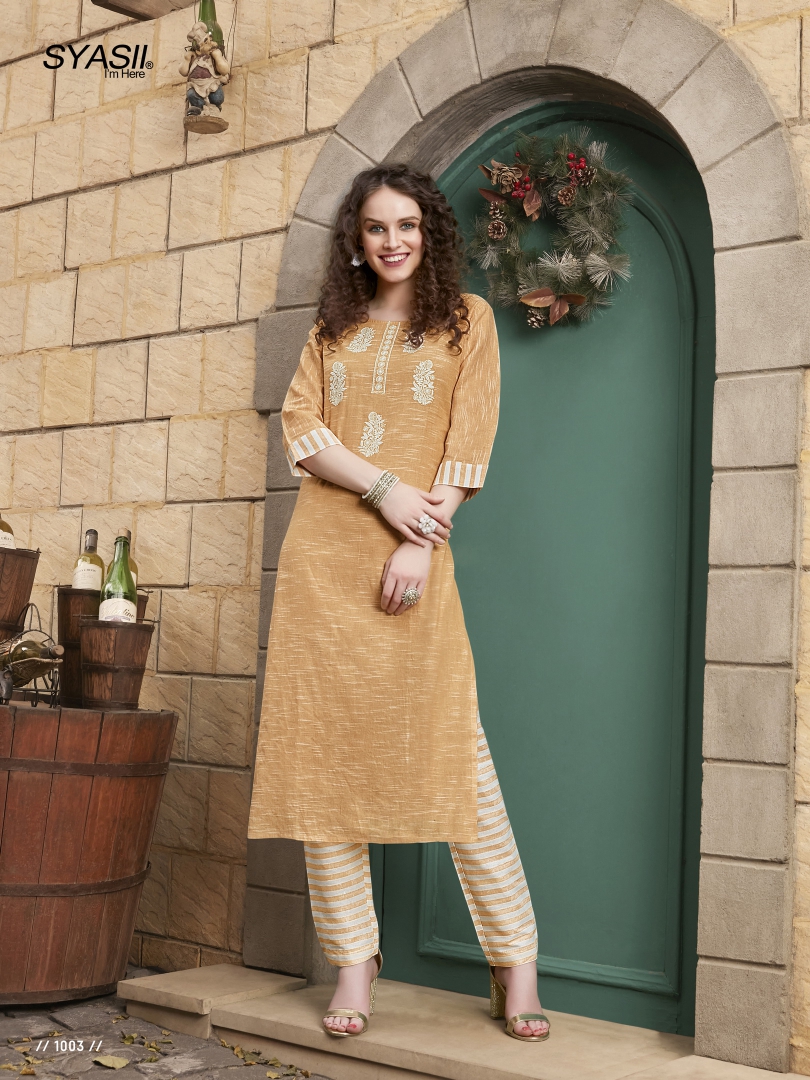 syasii magical thread pure khadi cotton decent embroidary look kurti with bottom catalog