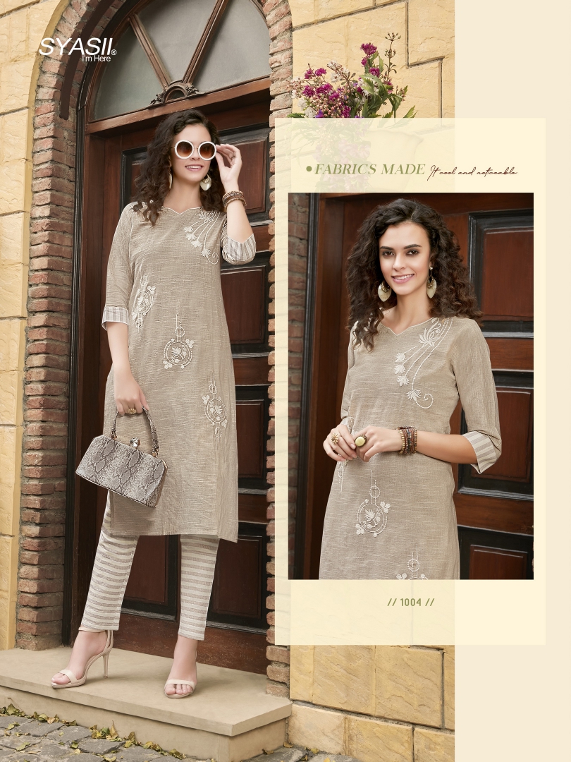 syasii magical thread pure khadi cotton decent embroidary look kurti with bottom catalog