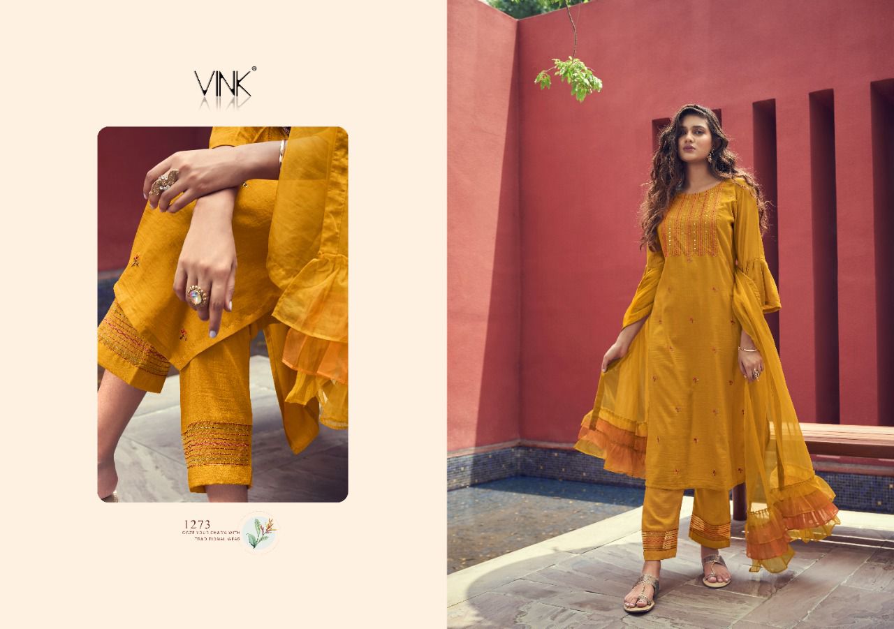 vink ruffles silk new and modern style top with pant and dupatta catalog