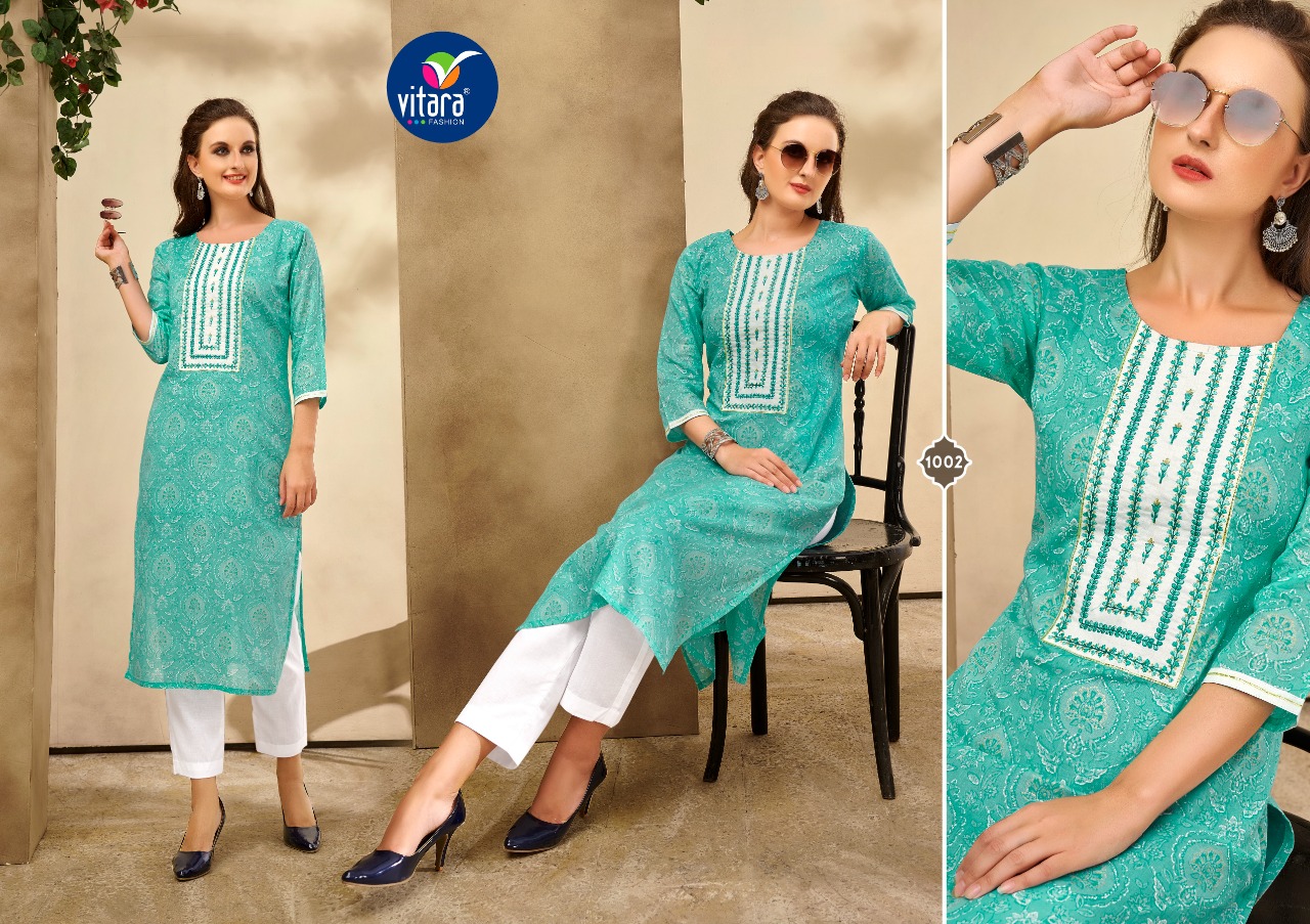 vitara fashion sunshine mul mul graceful look kurti with pant catalog