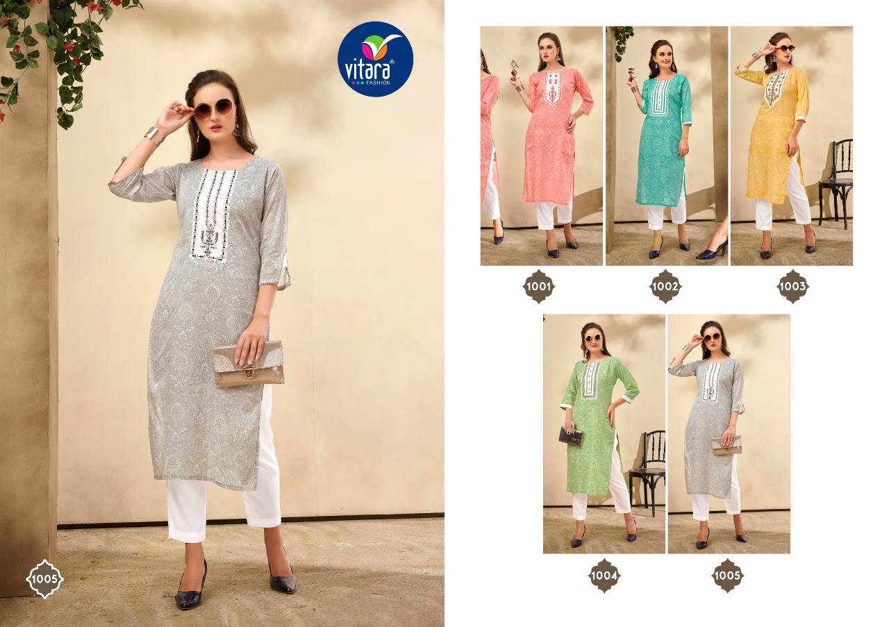 vitara fashion sunshine mul mul graceful look kurti with pant catalog