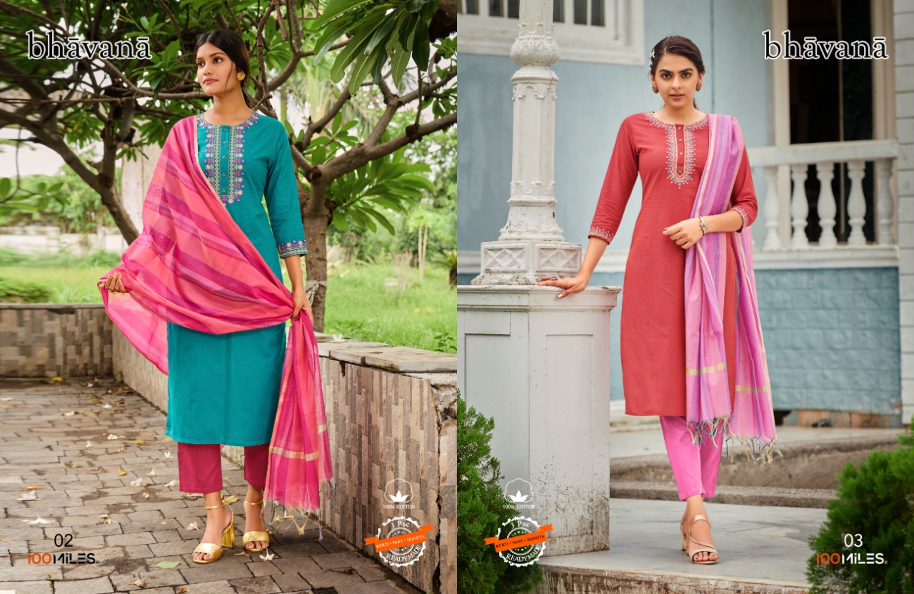 100 miles bhavana cotton authentic fabrick top with pant and dupatta catalog