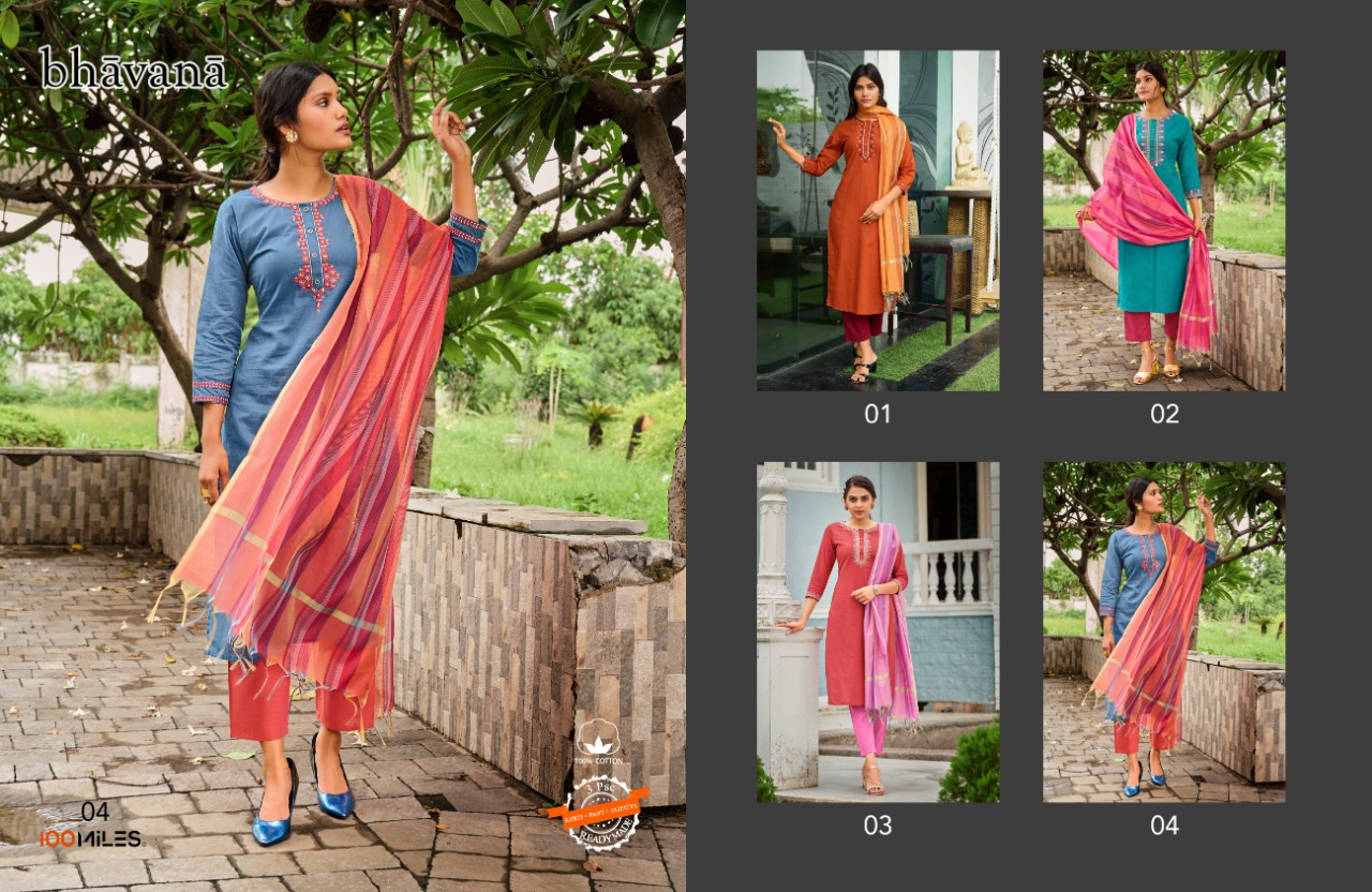 100 miles bhavana cotton authentic fabrick top with pant and dupatta catalog