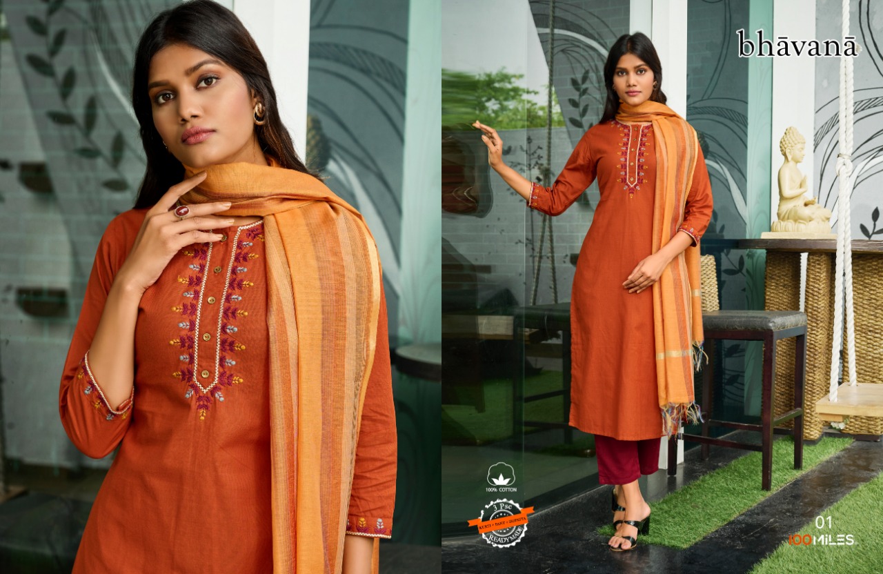 100 miles bhavana cotton authentic fabrick top with pant and dupatta catalog