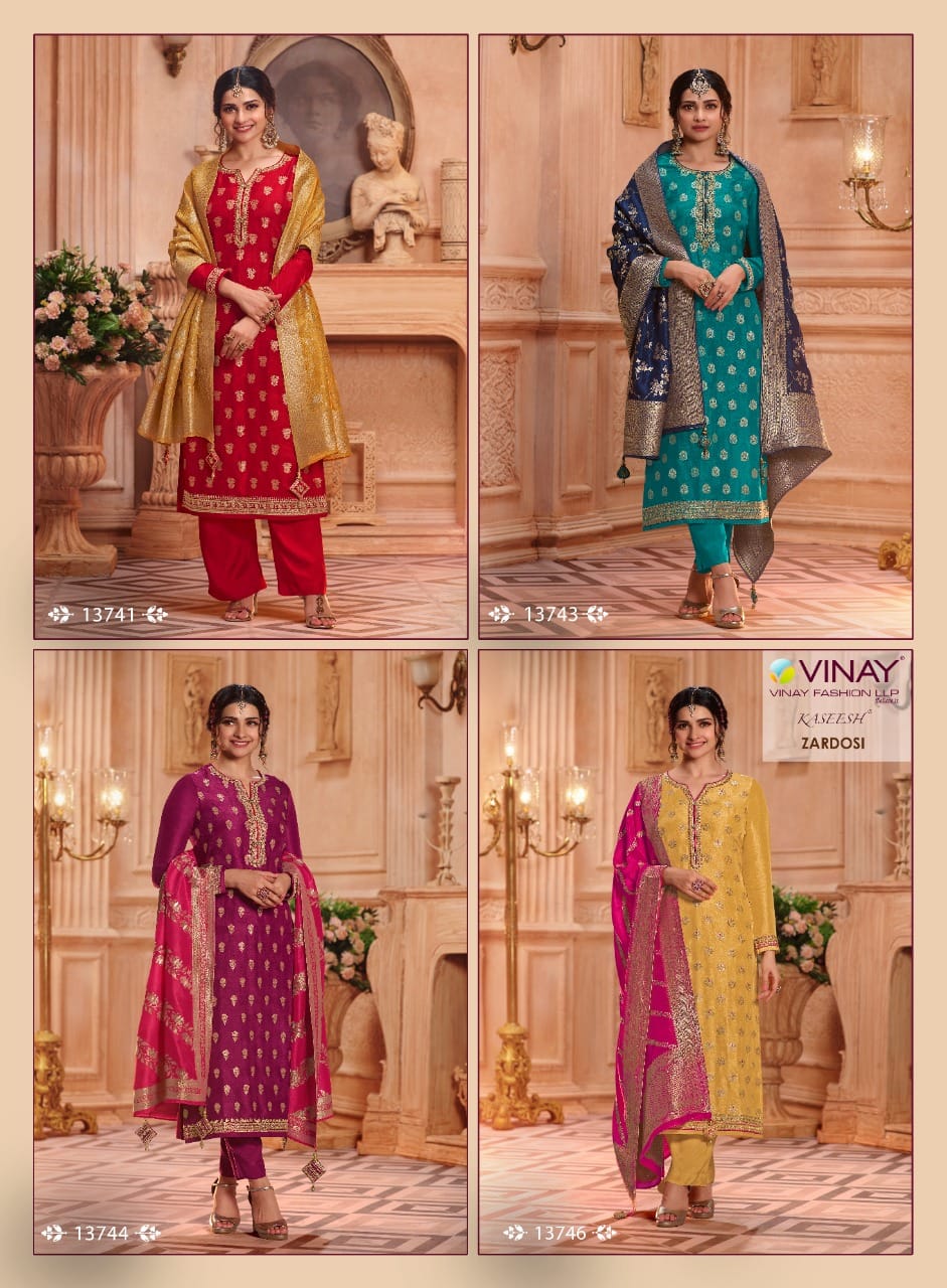 vinay fashion kaseesh zardosi hitlist dola jaquard decent embroidary look  salwar suit catalog