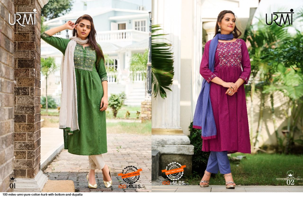 100 miles urmi cotton authentic fabrick top with pant and dupatta catalog