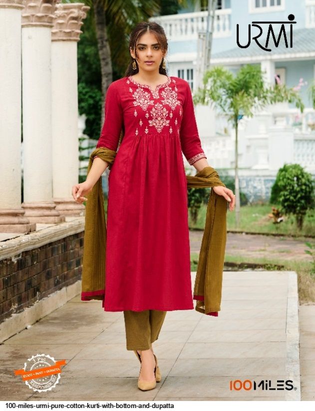 100 miles urmi cotton authentic fabrick top with pant and dupatta catalog