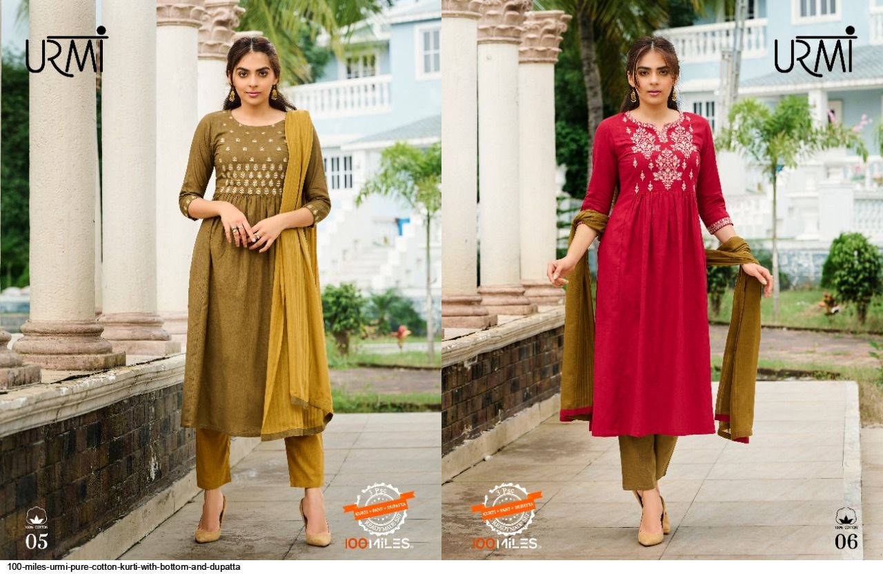 100 miles urmi cotton authentic fabrick top with pant and dupatta catalog