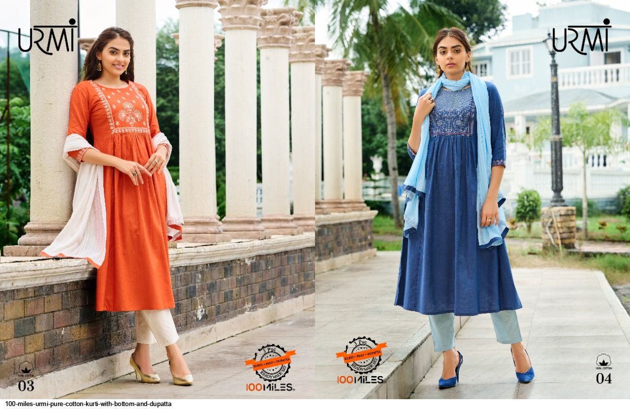 100 miles urmi cotton authentic fabrick top with pant and dupatta catalog