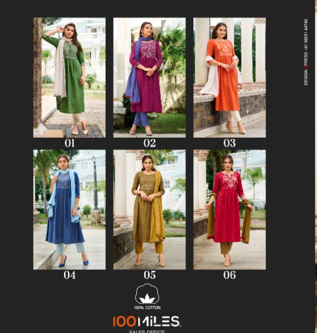 100 miles urmi cotton authentic fabrick top with pant and dupatta catalog