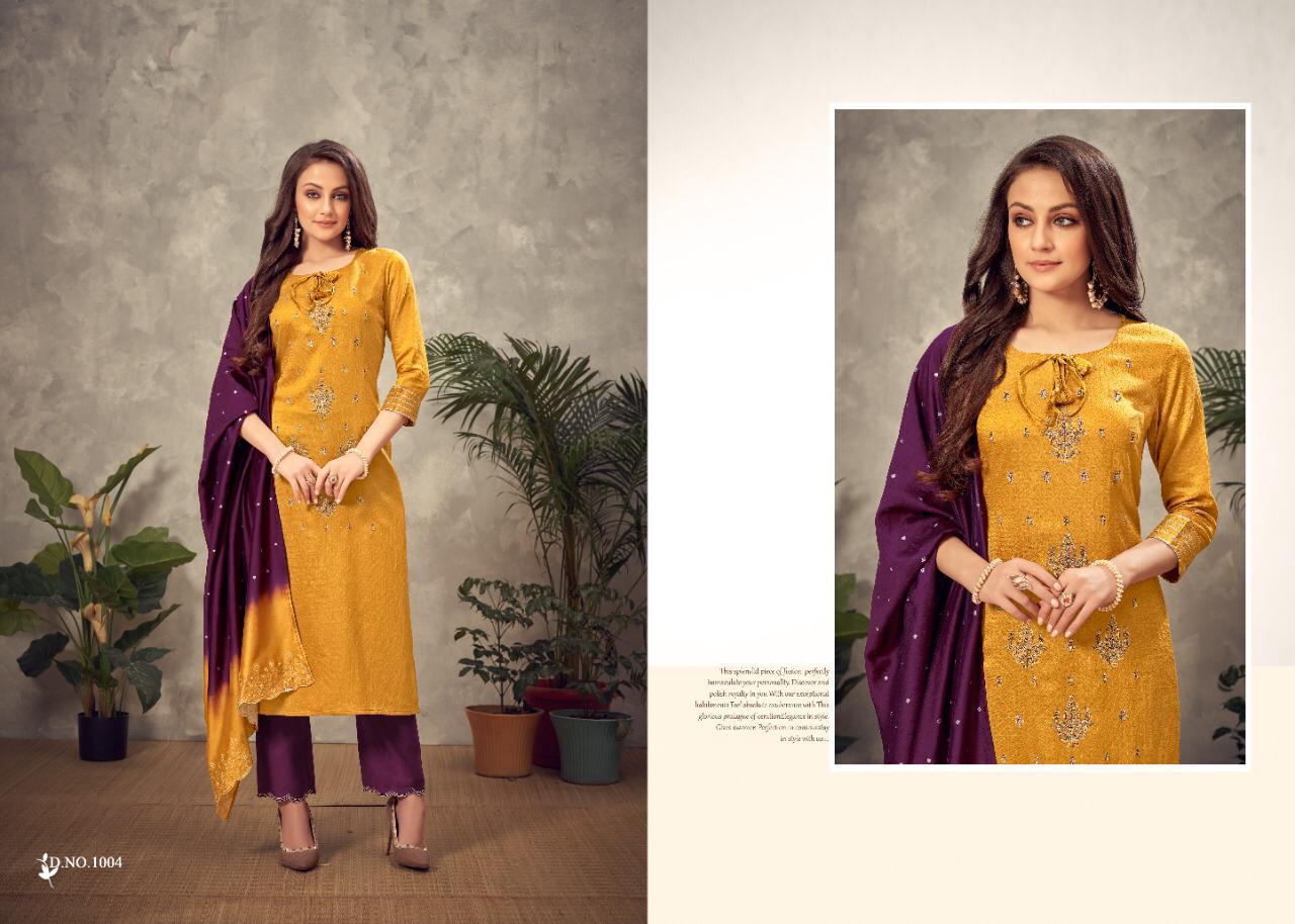 amaaya garments art chinnon attrective look embroidary and colours kurti with bottom and dupatta catalog