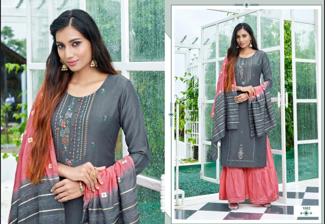 amaaya garments pleasant silk innovative style top sharara with dupatta catalog