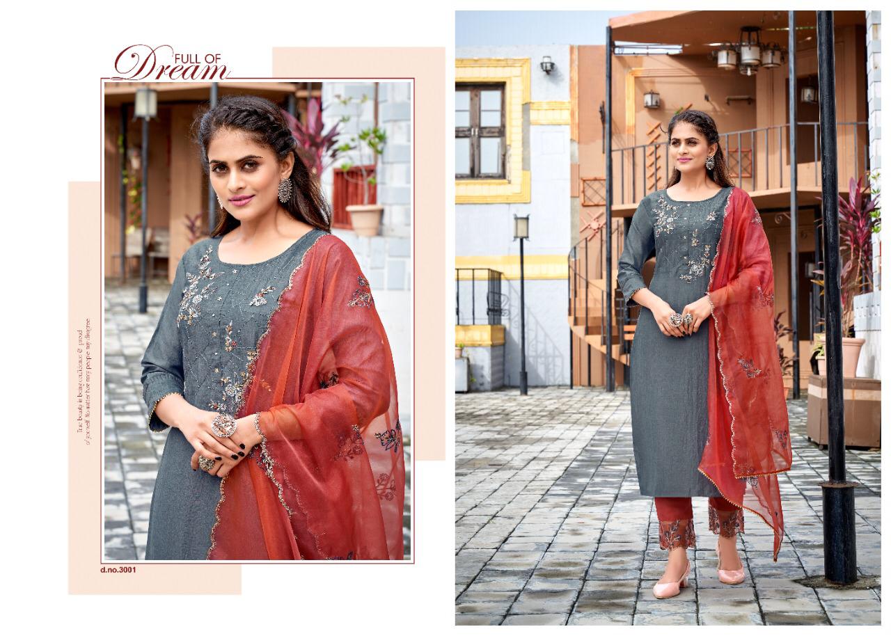 amaaya garments supreme chinnon organza decent embroidary and colours kurti with bottom and dupatta catalog