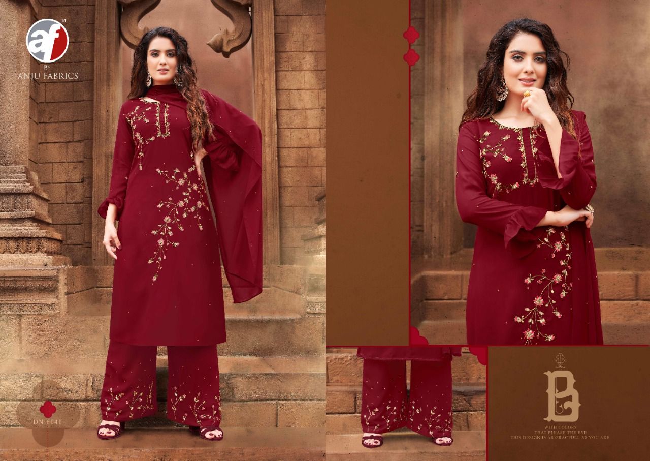 anju fabrics avni jorjat new and modern style top plazo and dupatta catalog