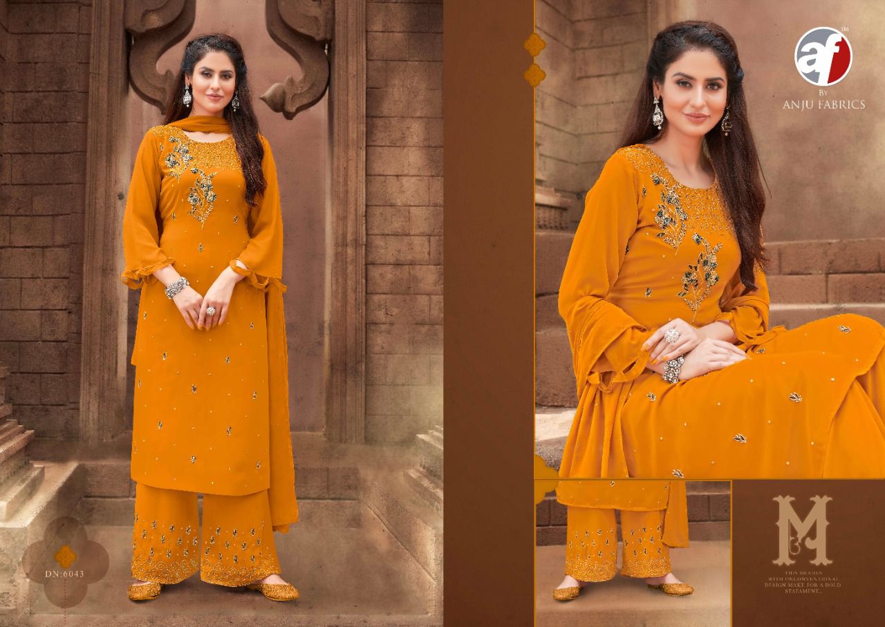 anju fabrics avni jorjat new and modern style top plazo and dupatta catalog