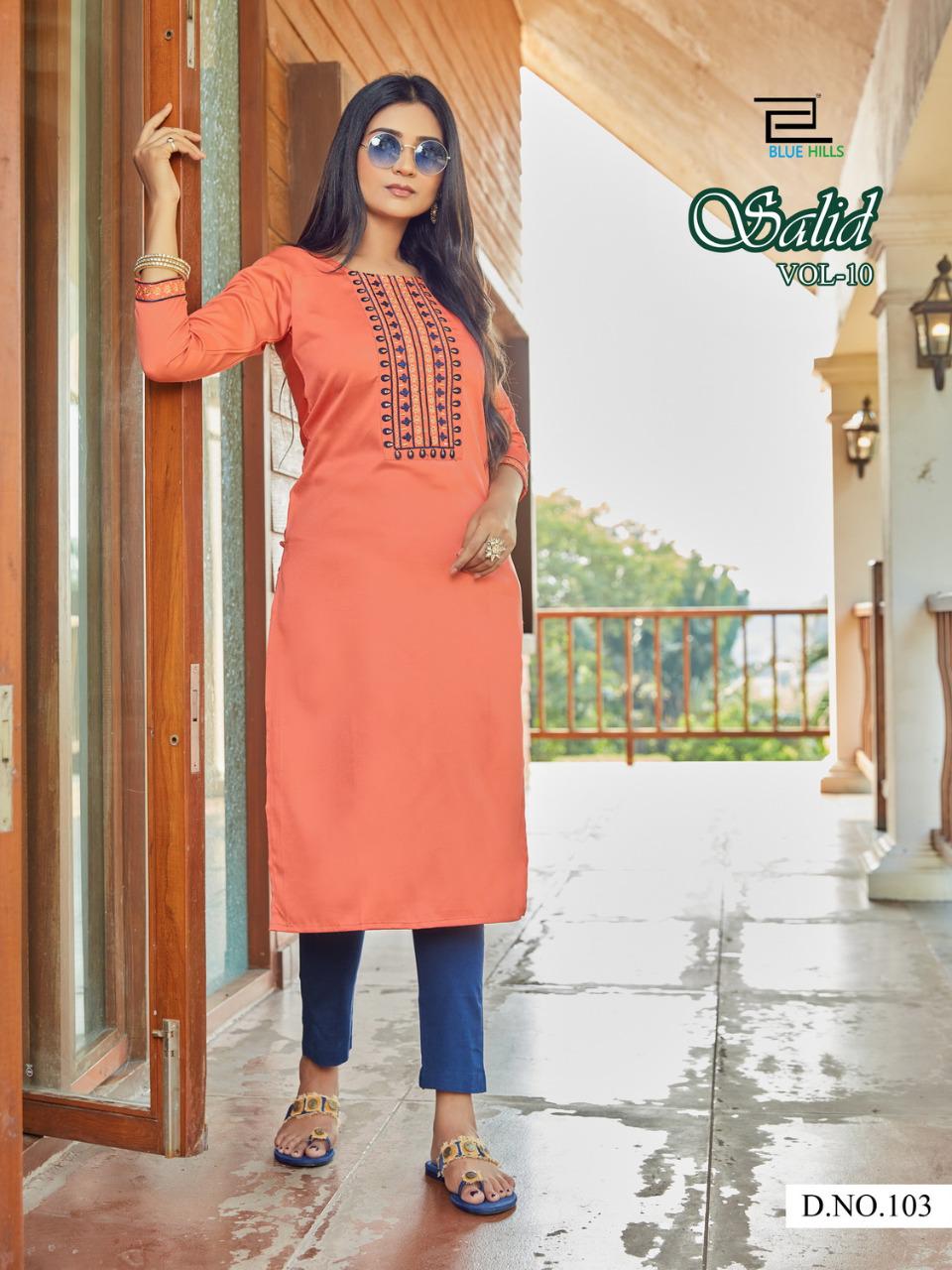 blue hills solid vol 10 sattin classic trendy look kurti catalog