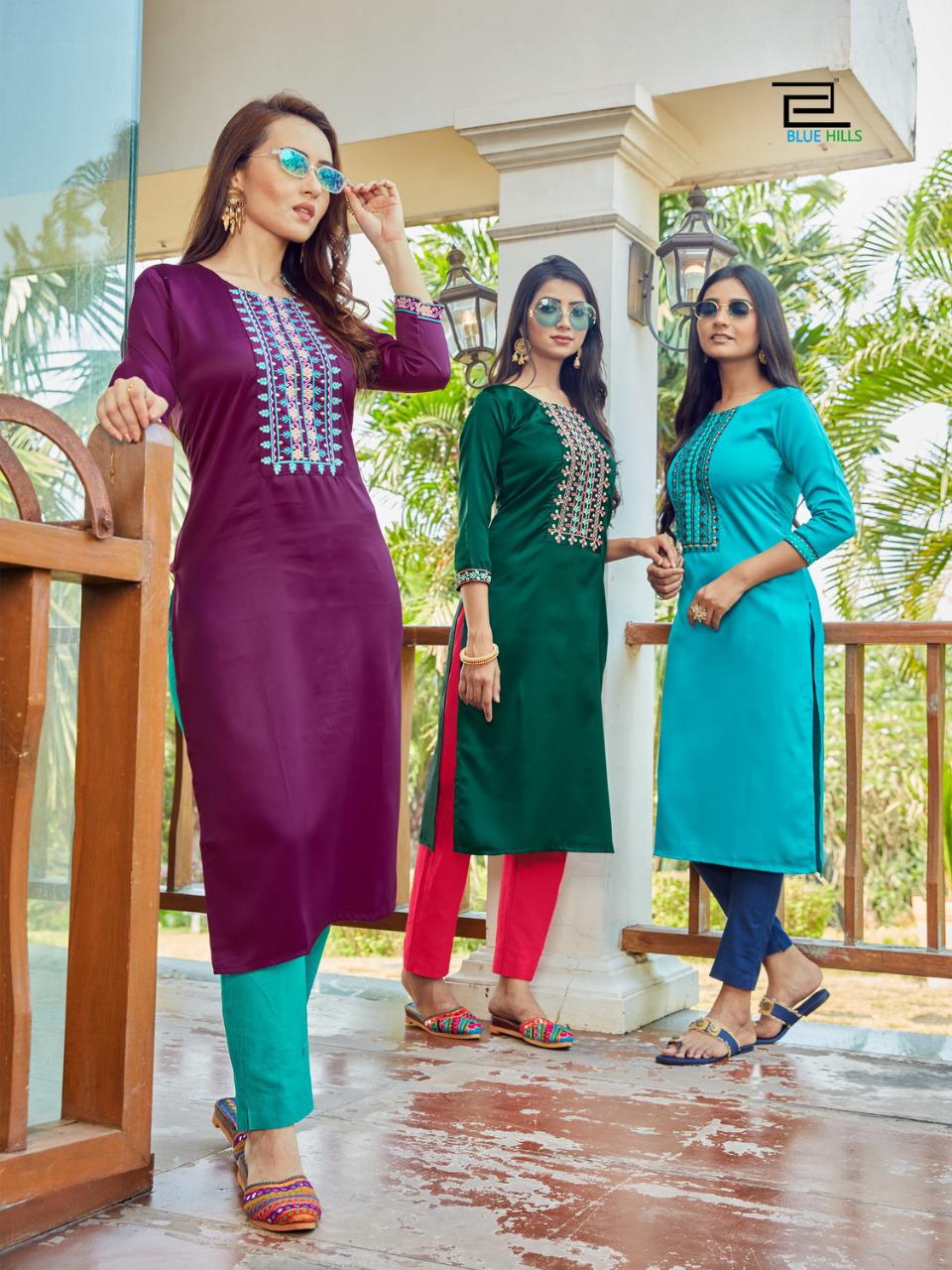 blue hills solid vol 10 sattin classic trendy look kurti catalog