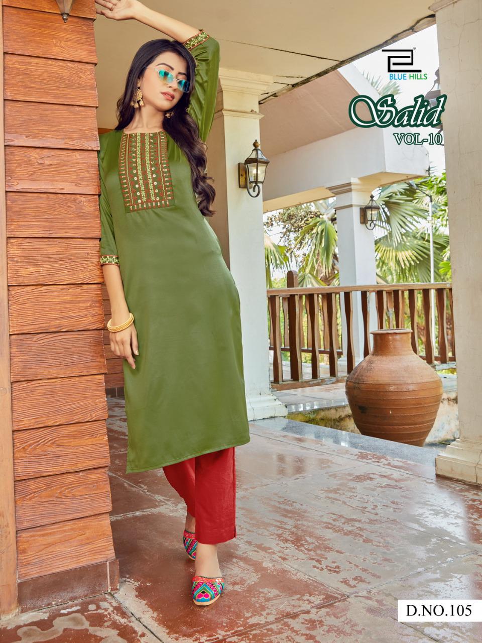 blue hills solid vol 10 sattin classic trendy look kurti catalog