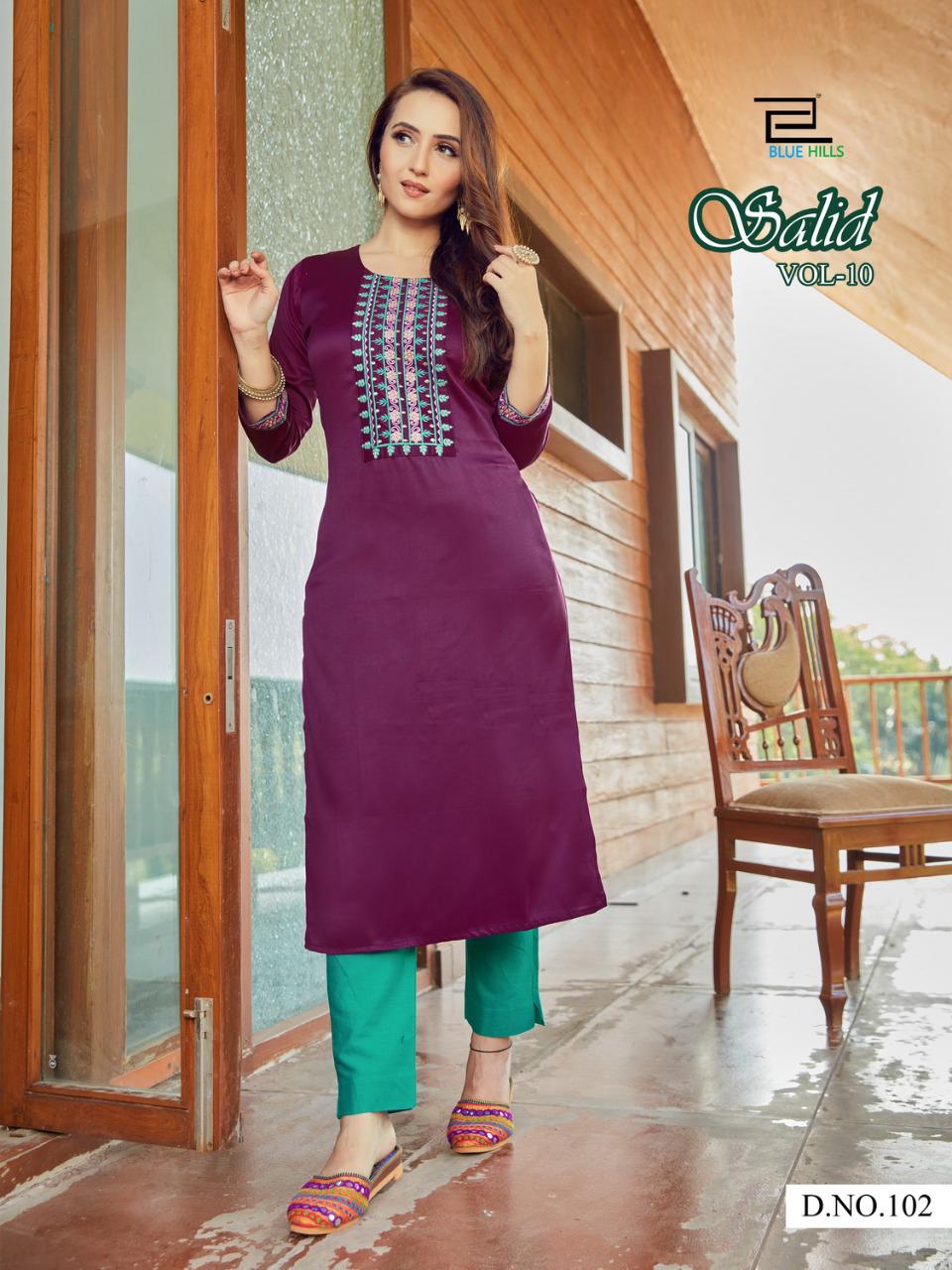 blue hills solid vol 10 sattin classic trendy look kurti catalog