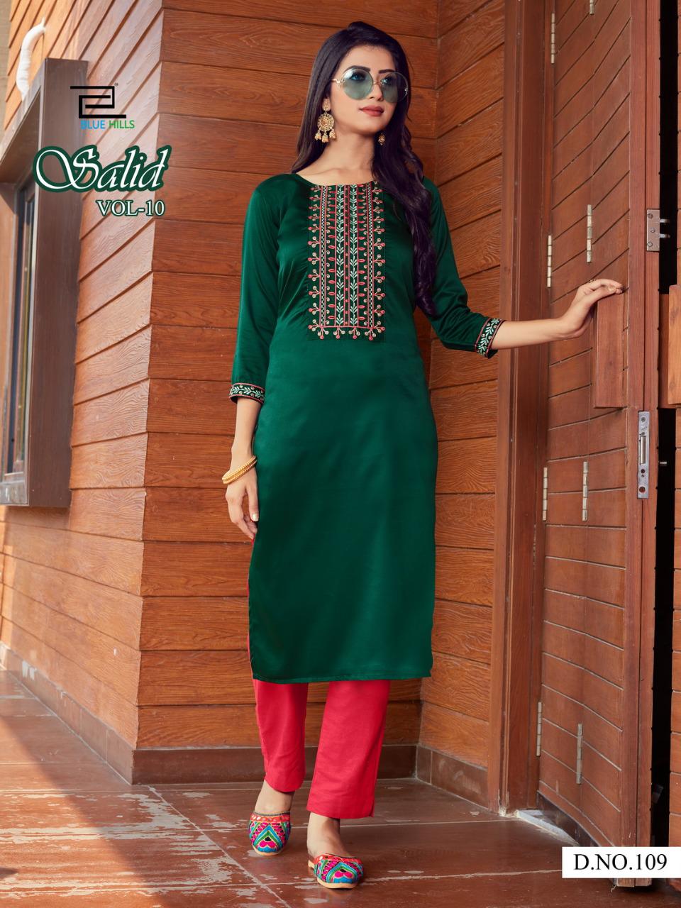 blue hills solid vol 10 sattin classic trendy look kurti catalog