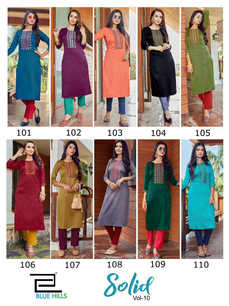 blue hills solid vol 10 sattin classic trendy look kurti catalog