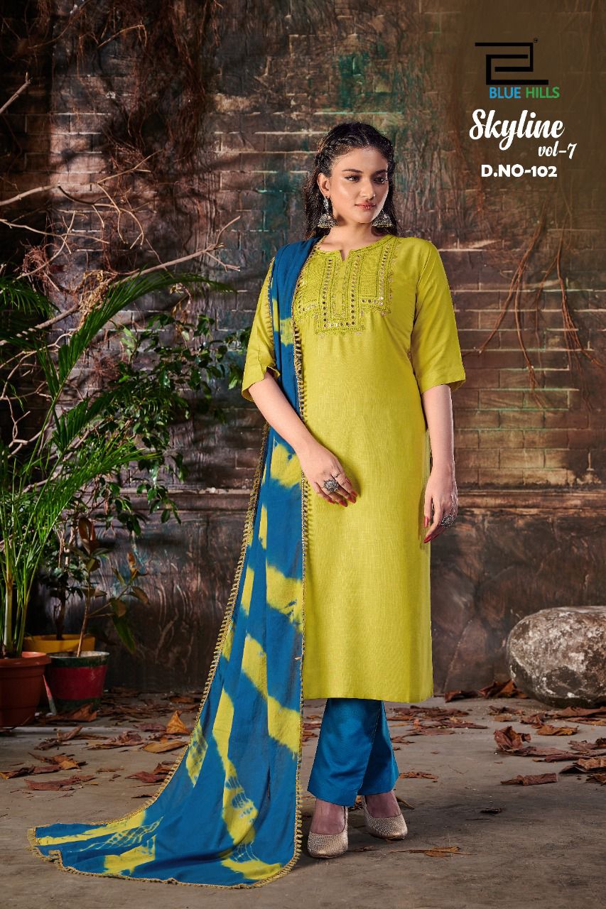 bluehills skyline vol 7 rayon astonishing top bottom and dupatta catalog