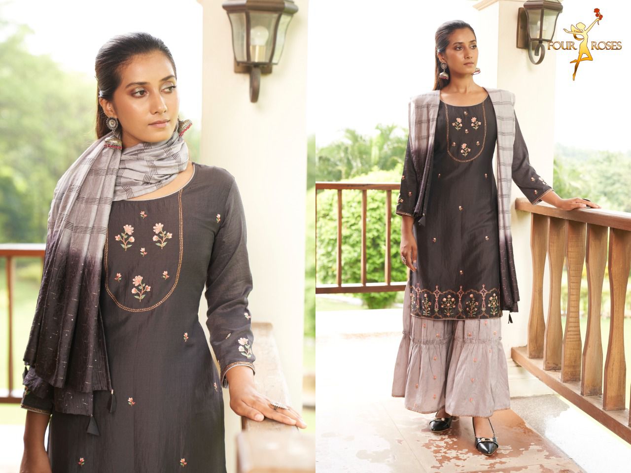 four roses naaz chinnon innovative look kurti sharara with dupatta catalog