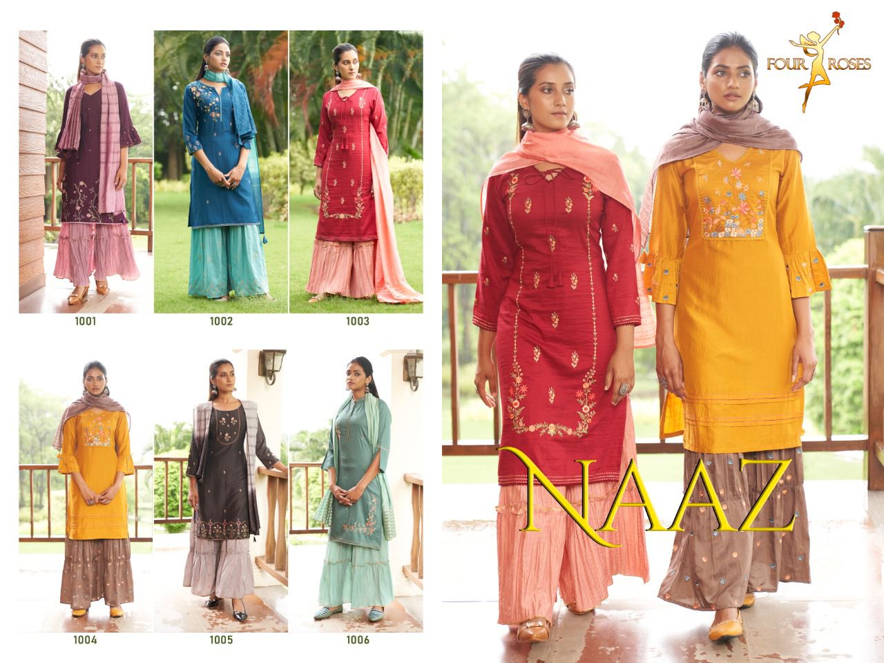 four roses naaz chinnon innovative look kurti sharara with dupatta catalog