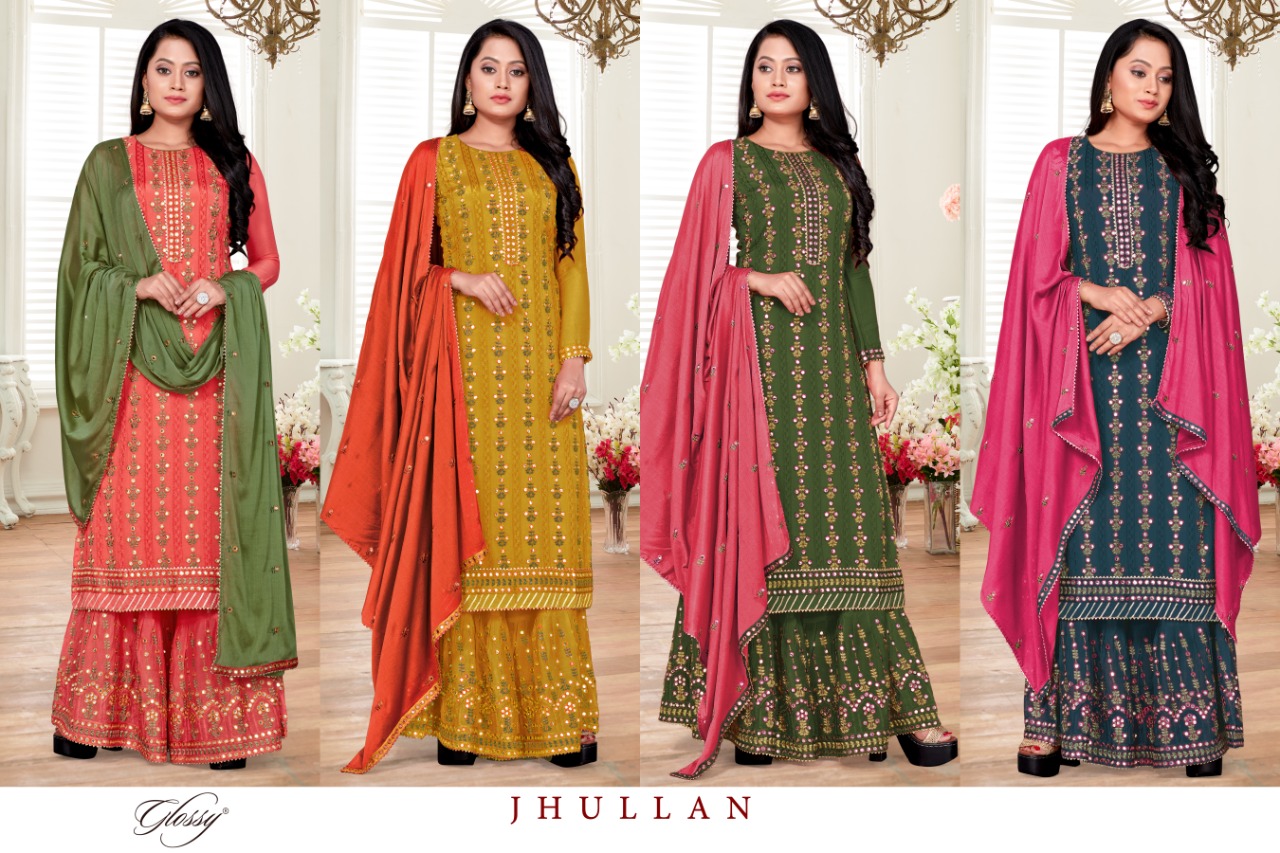 glossy jhullan chiffon festive look salwar suit catalog