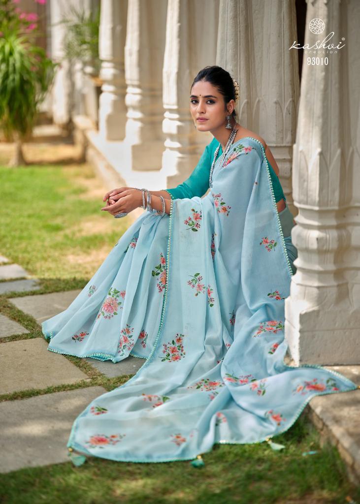 lt kashvi creation amrut organza silk elegant print saree catalog