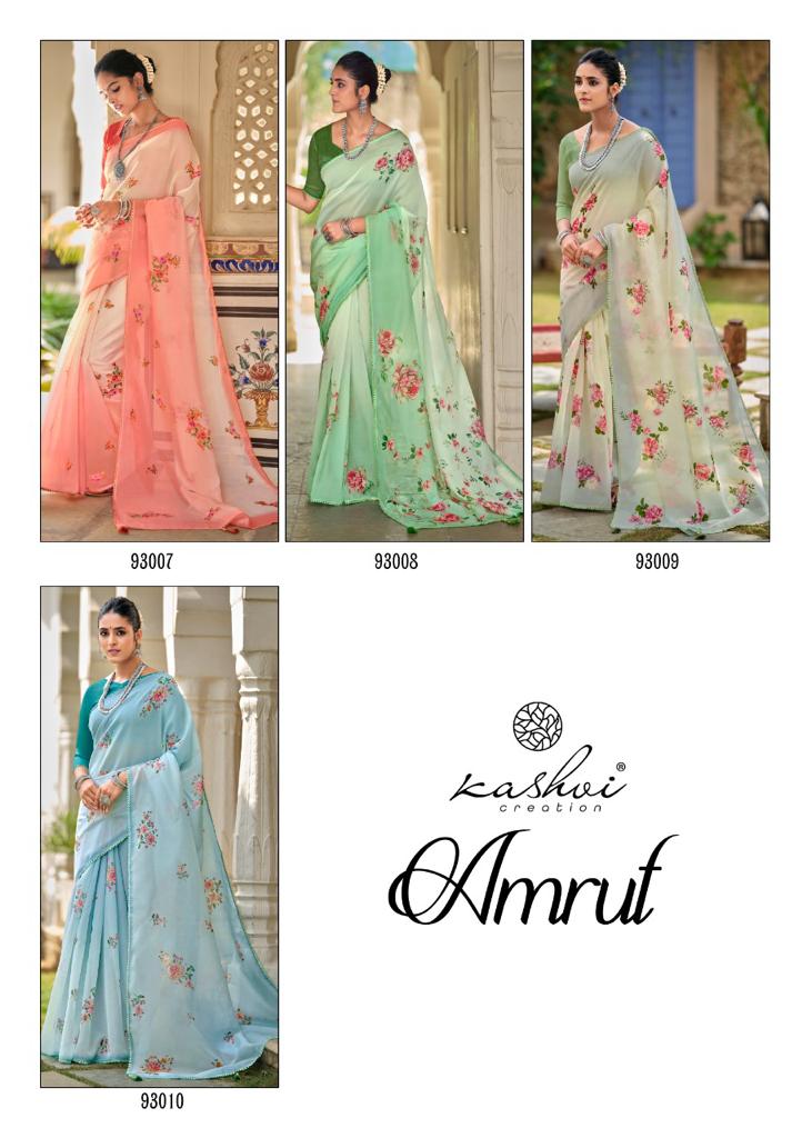 lt kashvi creation amrut organza silk elegant print saree catalog