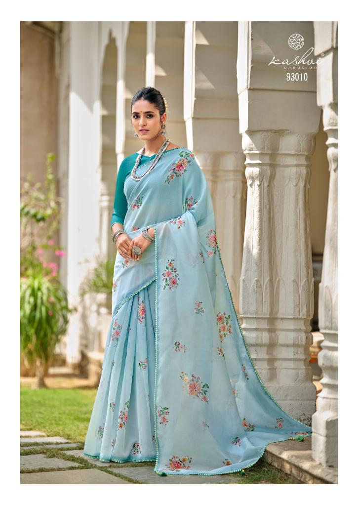 lt kashvi creation amrut organza silk elegant print saree catalog