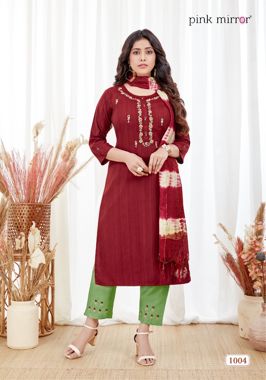 pink mirror spark viscose decent look top with pant and dupatta catalog