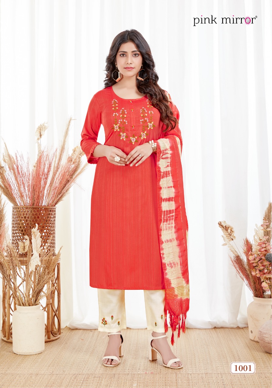 pink mirror spark viscose decent look top with pant and dupatta catalog